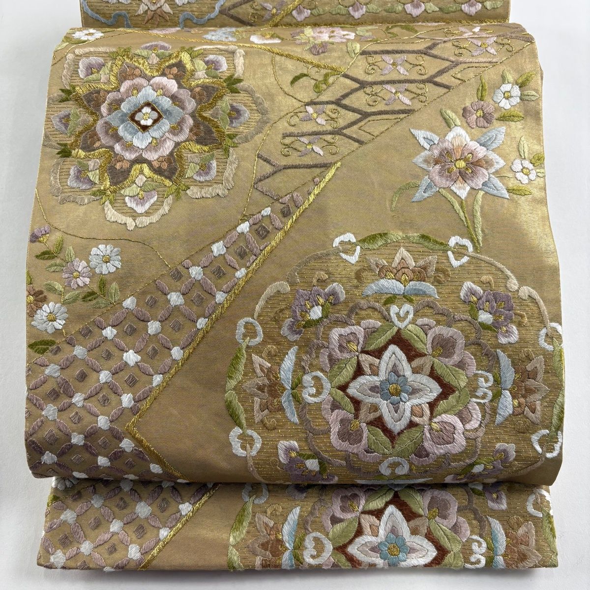 袋帯 華文 七宝 金糸 箔 金色 六通 正絹