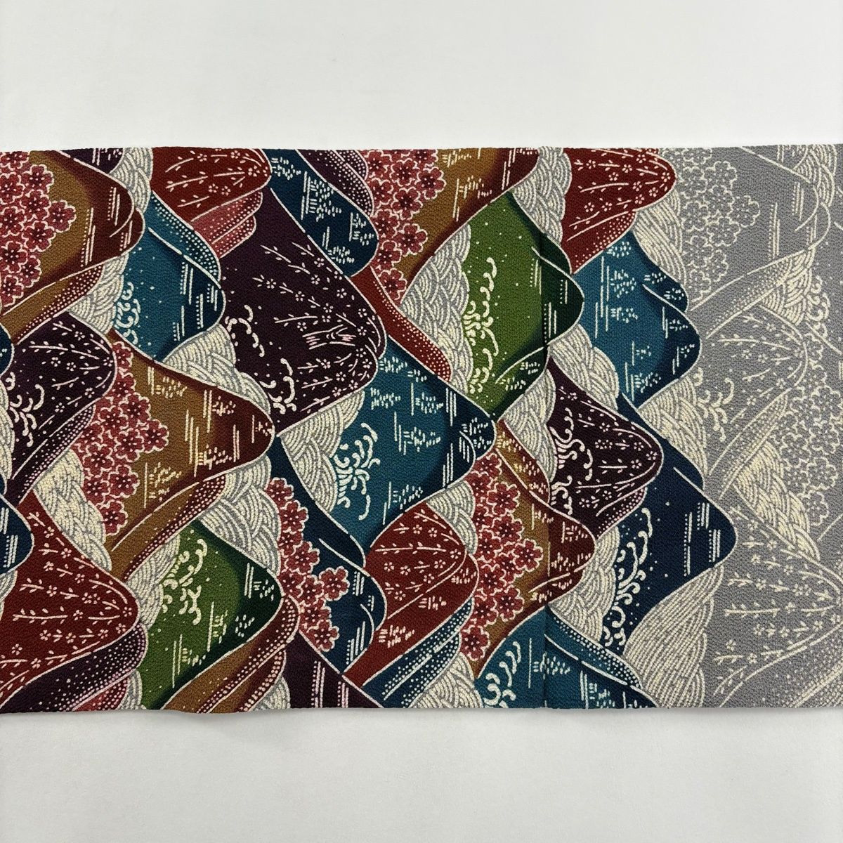 美品】 開き名古屋帯 逸品 栗山吉三郎 落款 山並 波 松寿縮緬 灰色