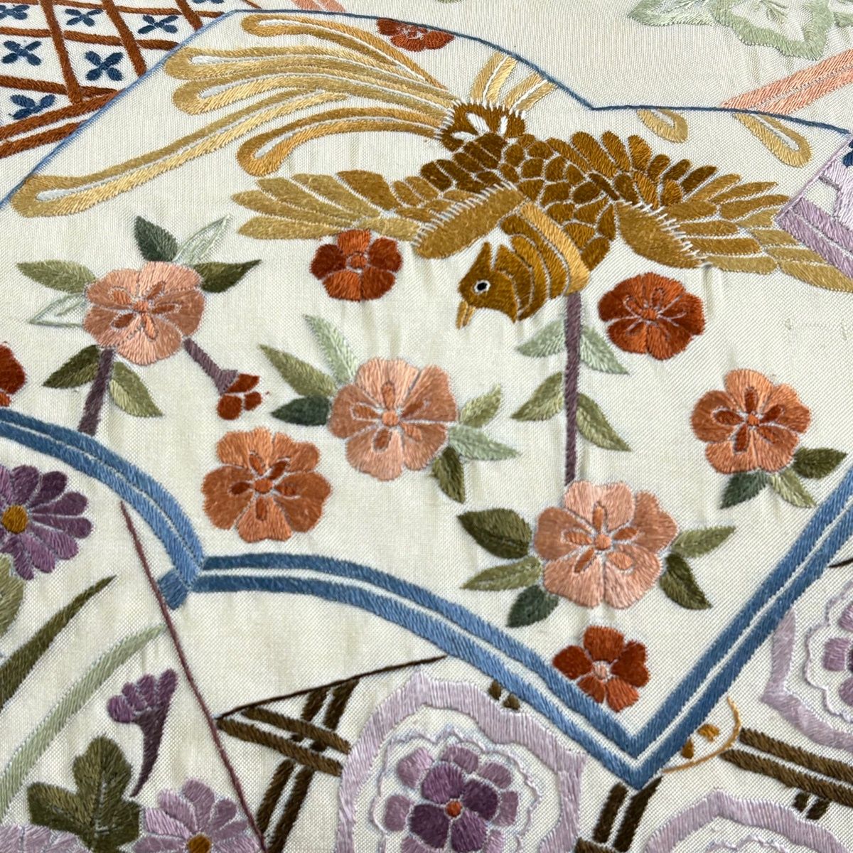 袋帯 冊子 花鳥 刺繍 クリーム お太鼓柄 正絹