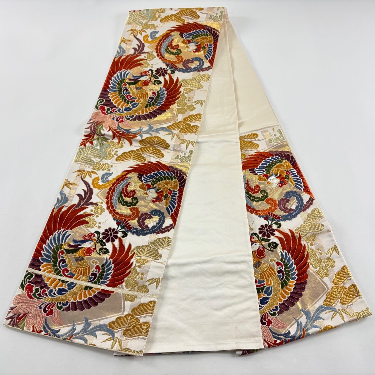 袋帯 逸品 関西仕立て 鳳凰 松竹梅 金糸 唐織 クリーム 六通 正絹