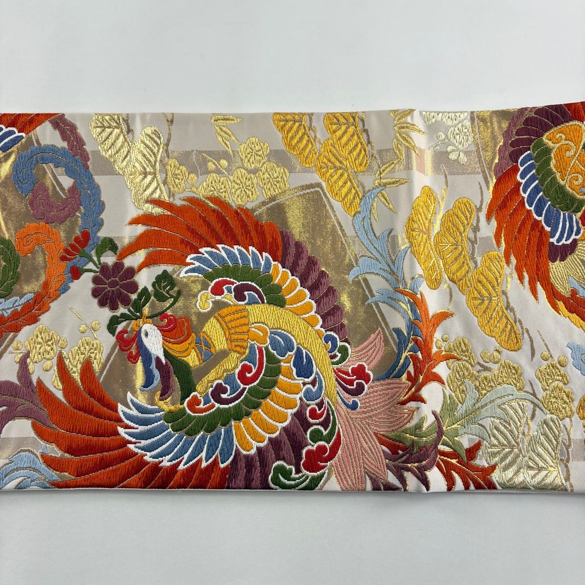 袋帯 逸品 関西仕立て 鳳凰 松竹梅 金糸 唐織 クリーム 六通 正絹