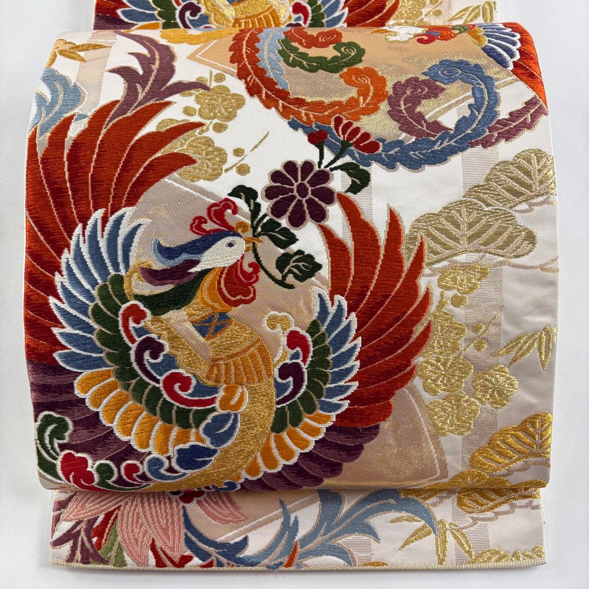金糸刺繍 鳳凰 袋帯 袋帯 逸品 関西仕立て 鳳凰 松竹梅 金糸 唐織 クリーム 六通 正絹
