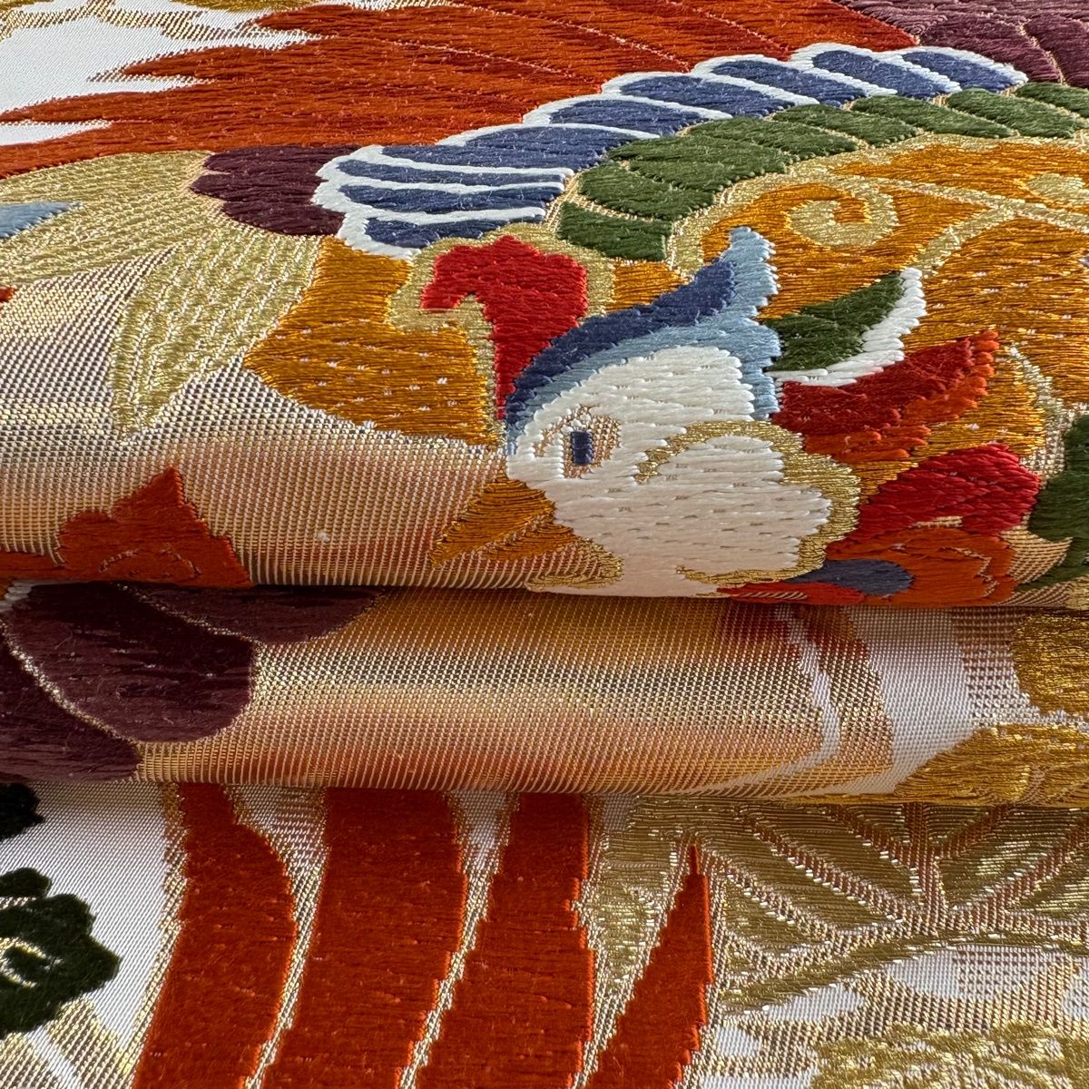 袋帯 逸品 関西仕立て 鳳凰 松竹梅 金糸 唐織 クリーム 六通 正絹