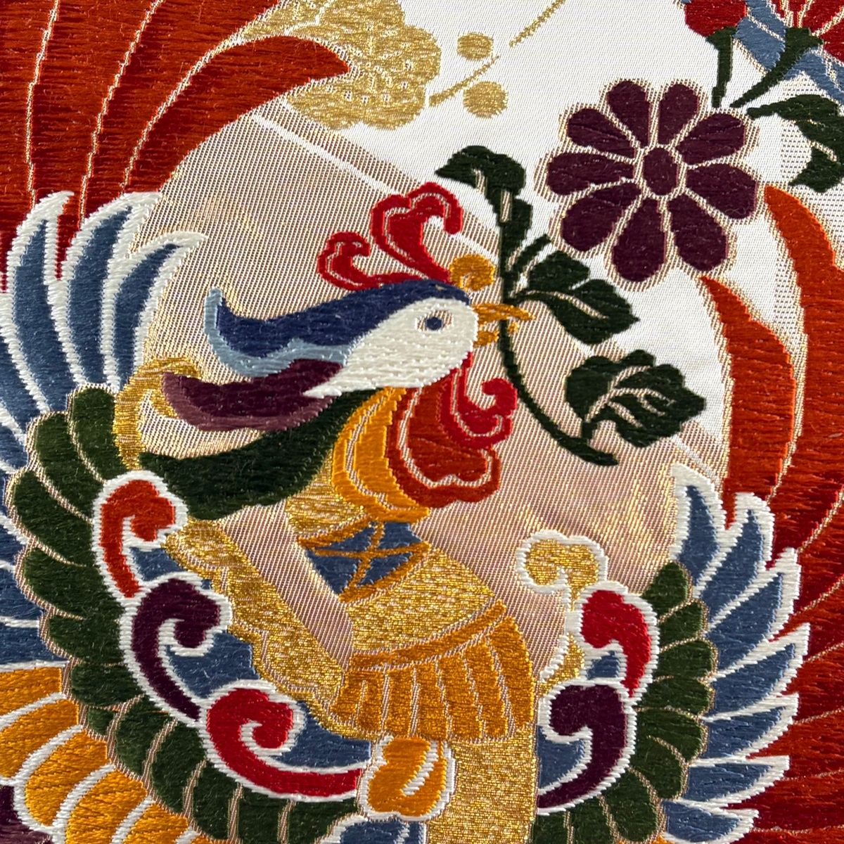 袋帯 逸品 関西仕立て 鳳凰 松竹梅 金糸 唐織 クリーム 六通 正絹