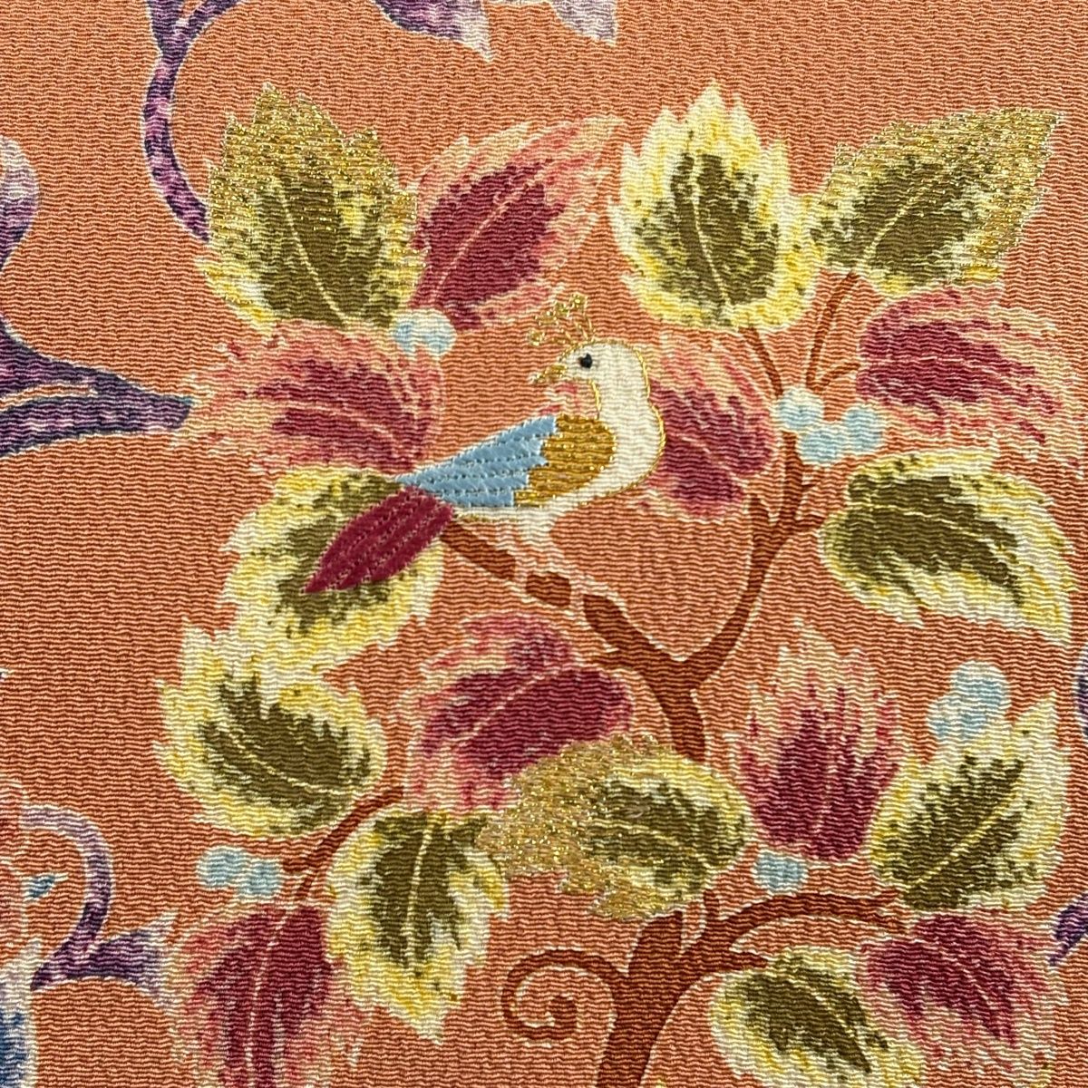 名古屋帯 大彦 落款 花唐草 鳥 箔 金糸 サーモンピンク 正絹