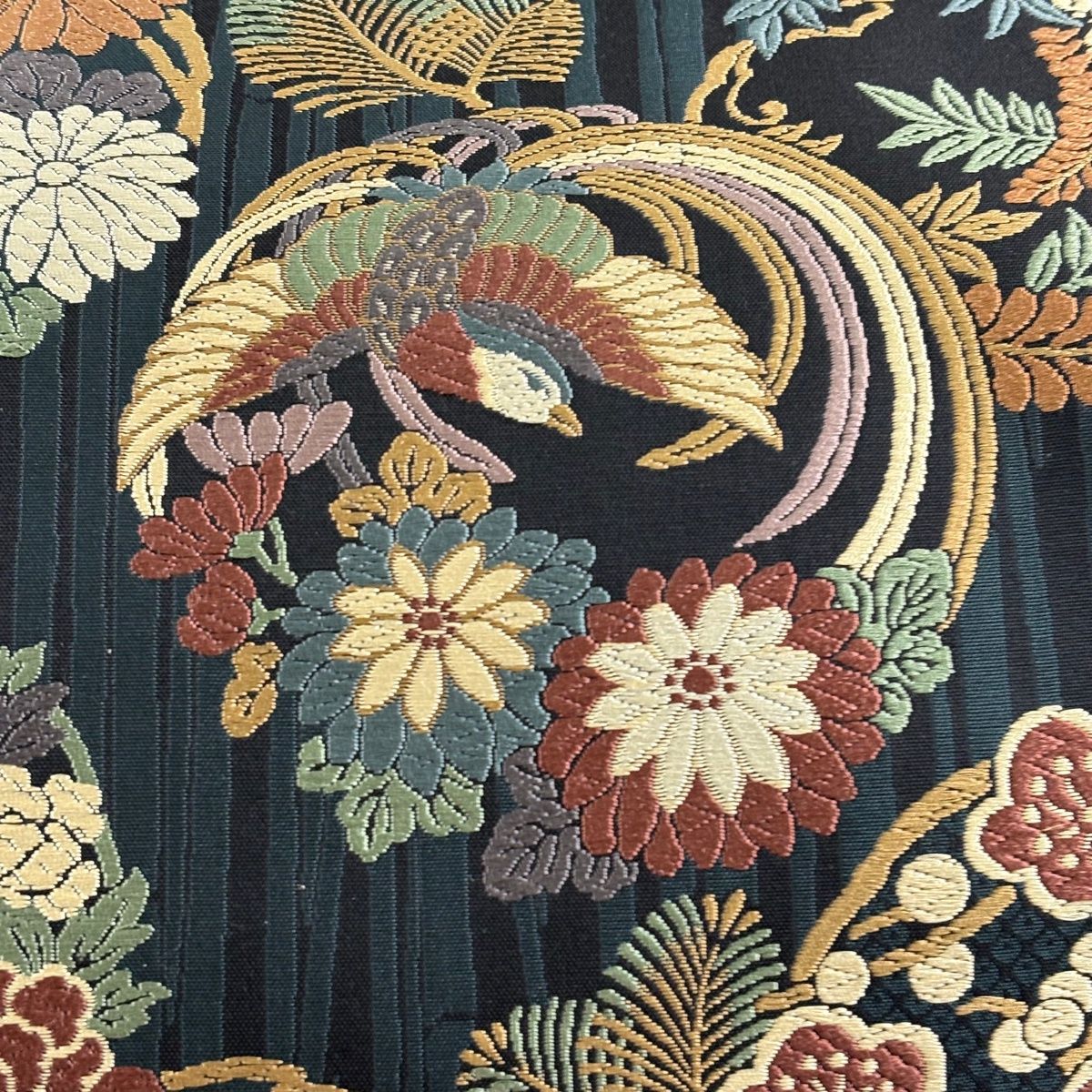 袋帯 証紙 招幸 花丸文 竹 唐織 黒 六通 正絹