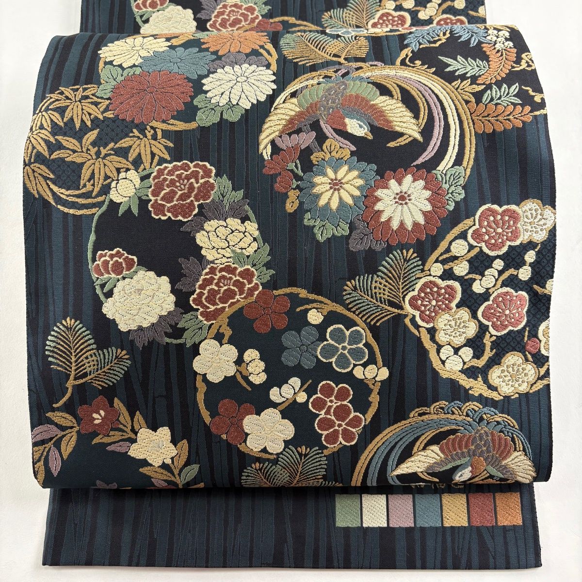 袋帯 証紙 招幸 花丸文 竹 唐織 黒 六通 正絹