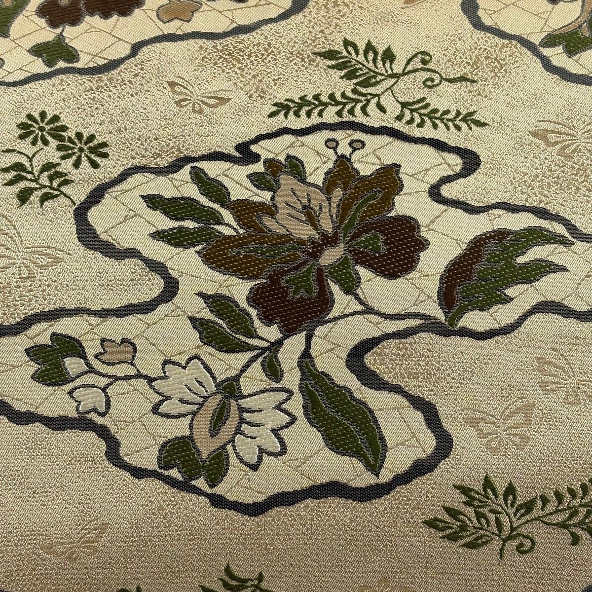 袋帯 菱屋善兵衛 落款 草花 霞 金糸 ベージュ 六通 正絹