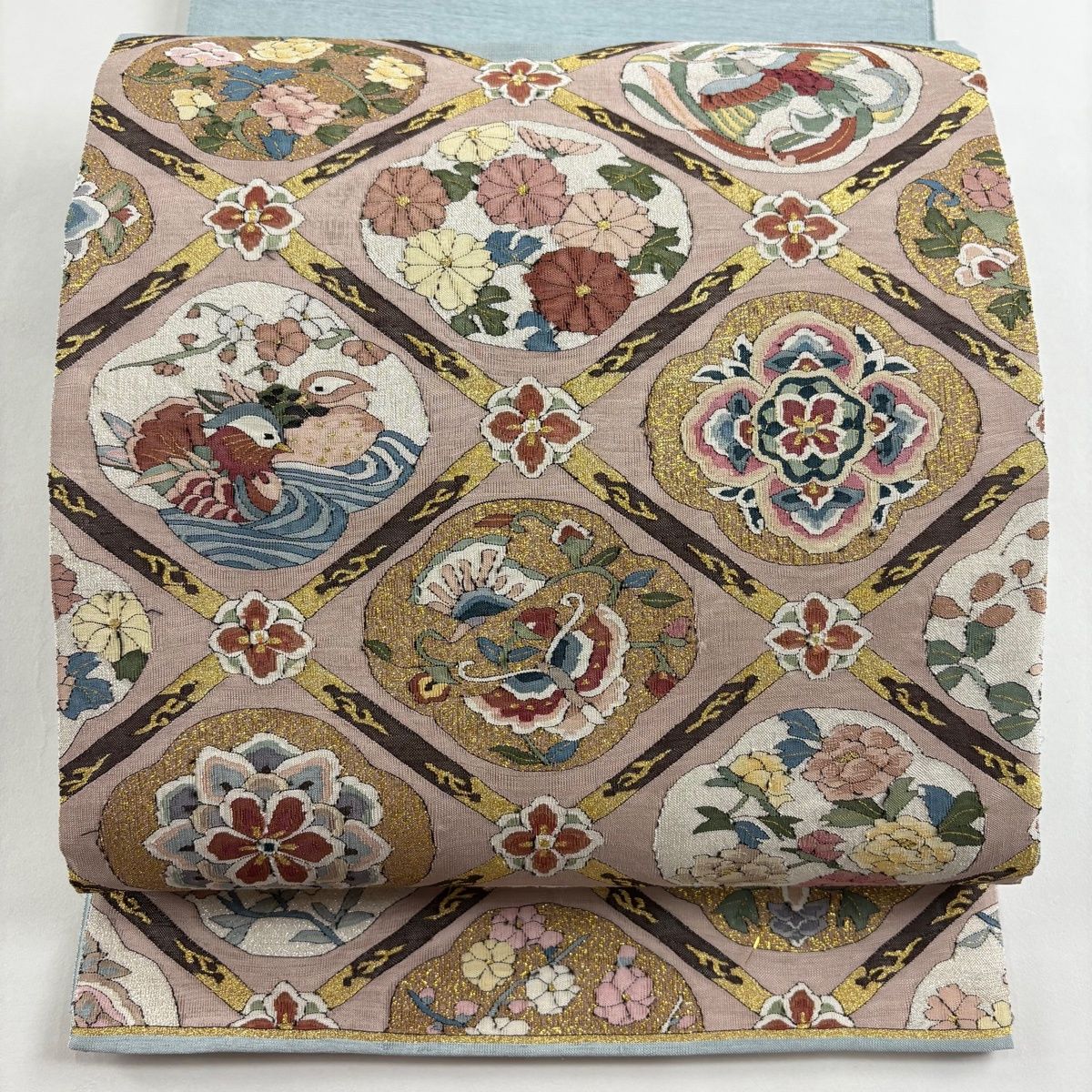 袋帯 菱格子 花鳥 金糸 箔 薄小豆 お太鼓柄 正絹