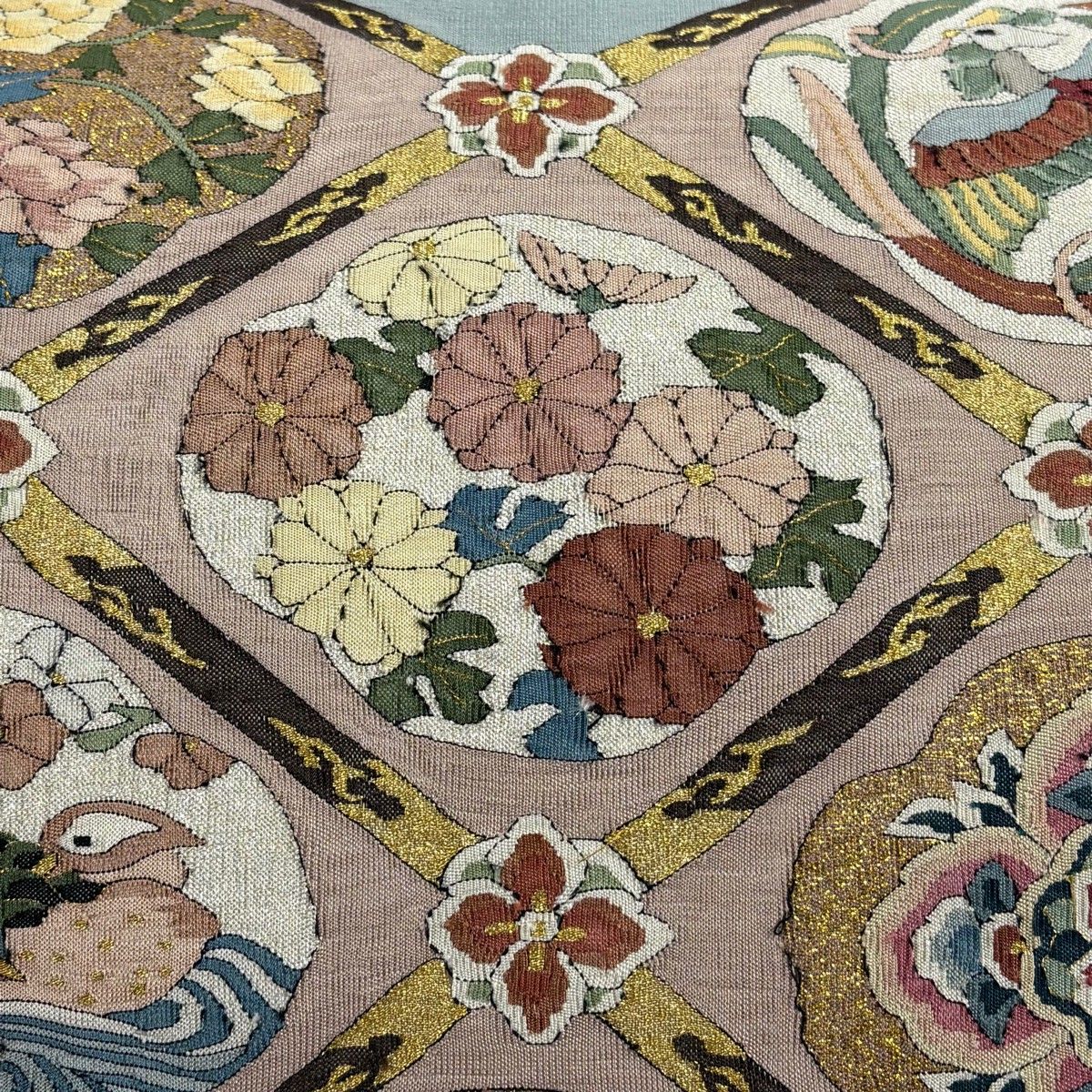 袋帯 菱格子 花鳥 金糸 箔 薄小豆 お太鼓柄 正絹