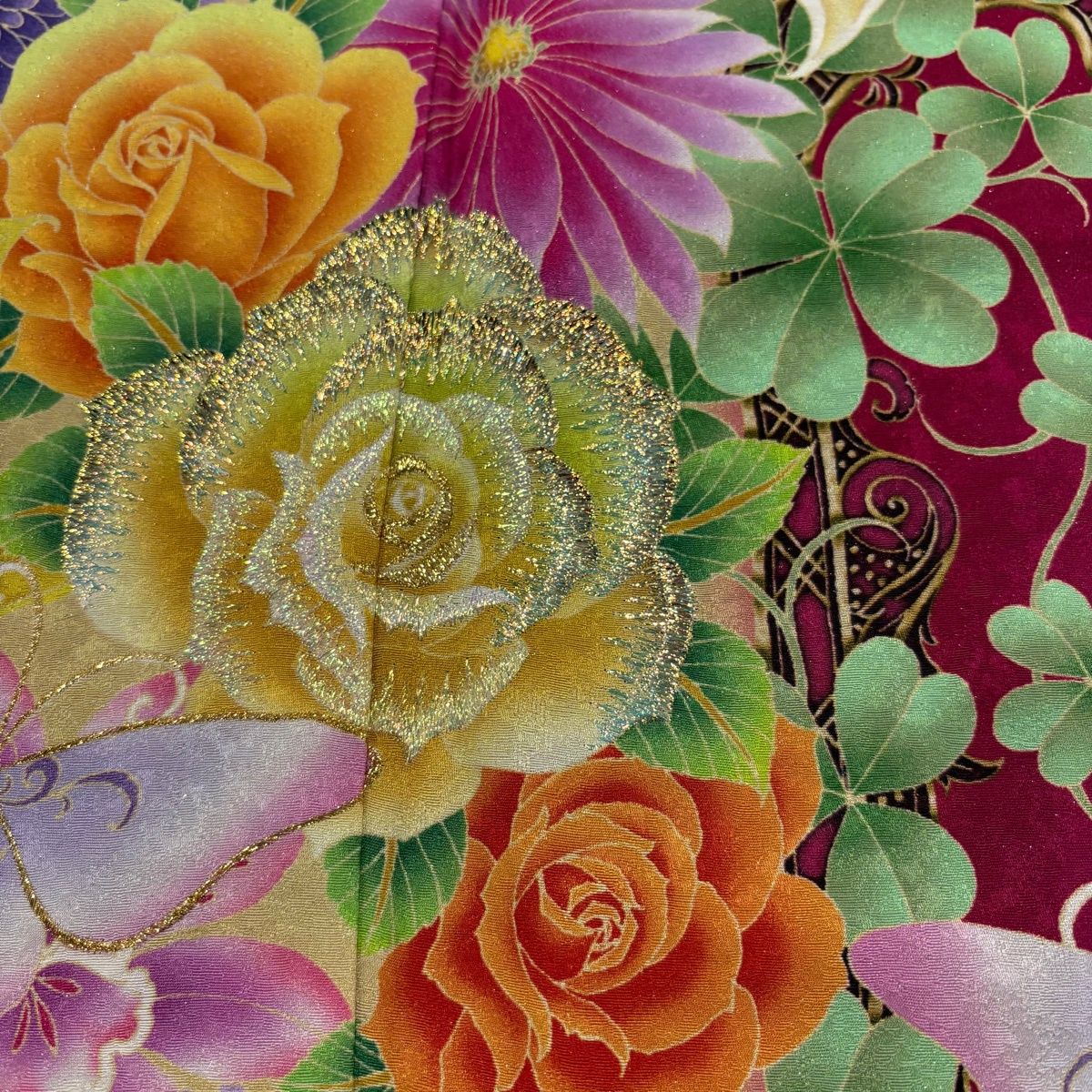 美品】 訪問着 身丈171cm 裄丈67.5cm L 袷 薔薇 蝶 銀通し 刺繍 濃