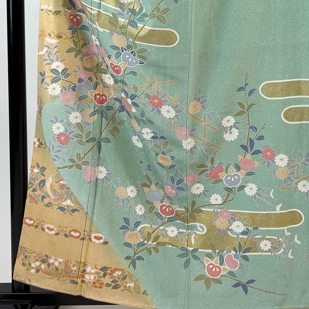 美品】 訪問着 身丈160cm 裄丈65.5cm M 袷 橘 ヱ霞 金彩 緑 正絹 名品