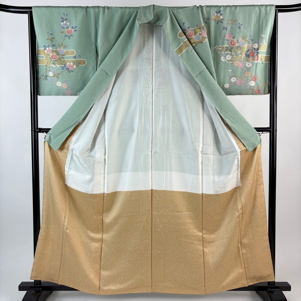 美品】 訪問着 身丈160cm 裄丈65.5cm M 袷 橘 ヱ霞 金彩 緑 正絹 名品