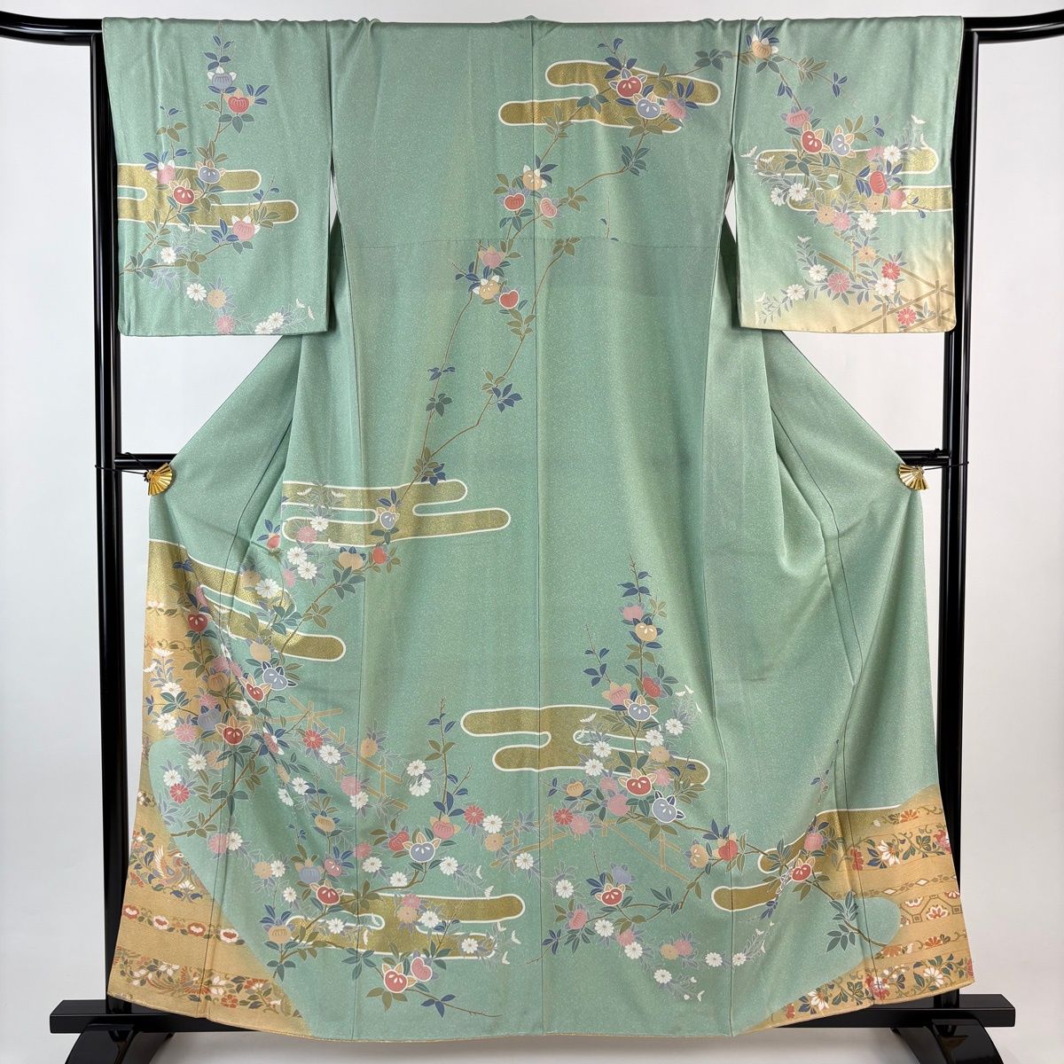 美品】 訪問着 身丈160cm 裄丈65.5cm M 袷 橘 ヱ霞 金彩 緑 正絹 名品