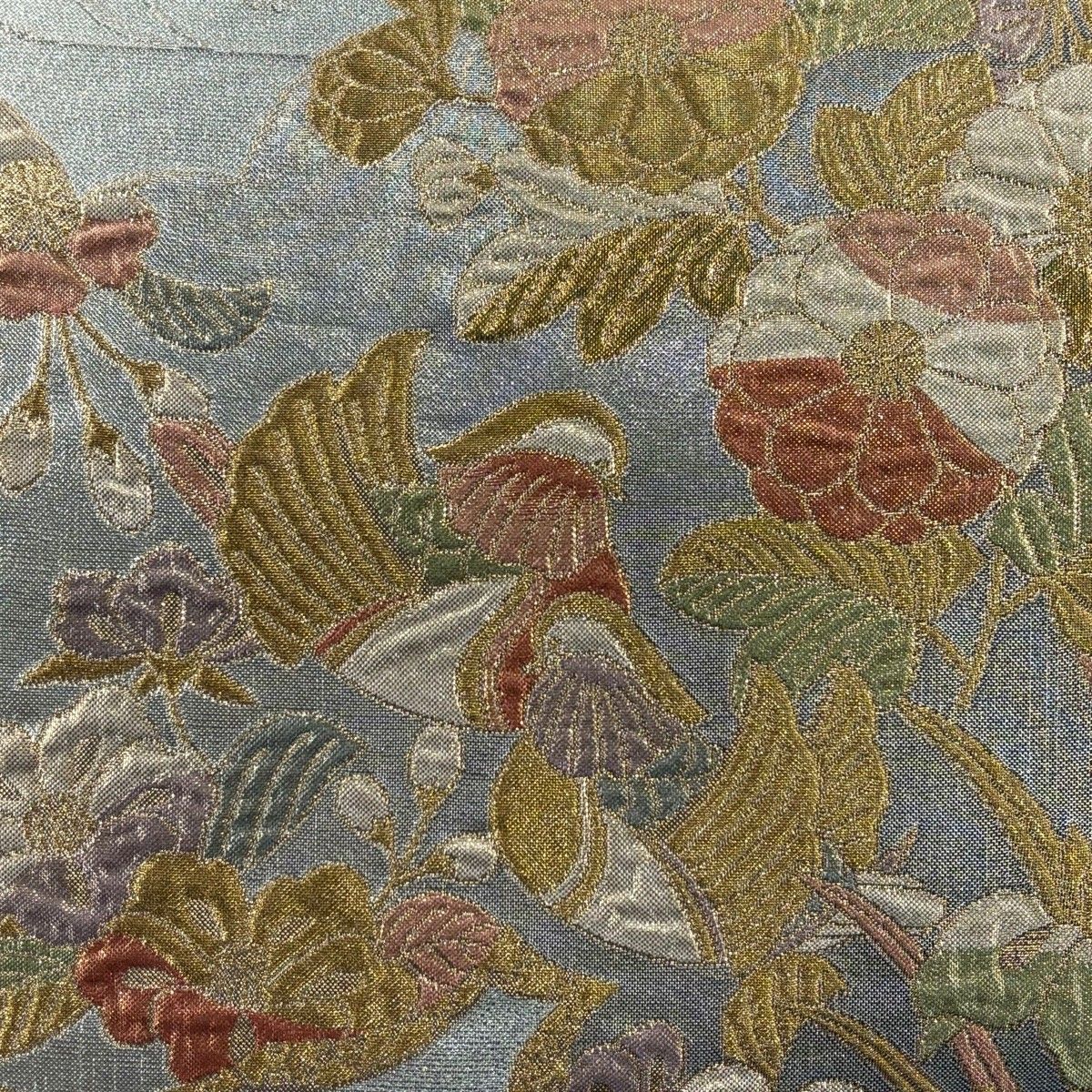 袋帯 秀品 鴛鴦 草花 箔 金糸 銀色 六通 正絹