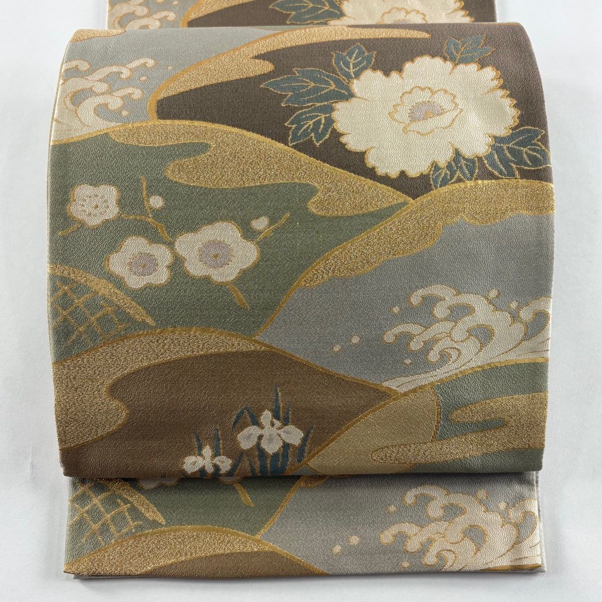 袋帯 秀品 梅 牡丹 金糸 箔 灰緑 六通 正絹