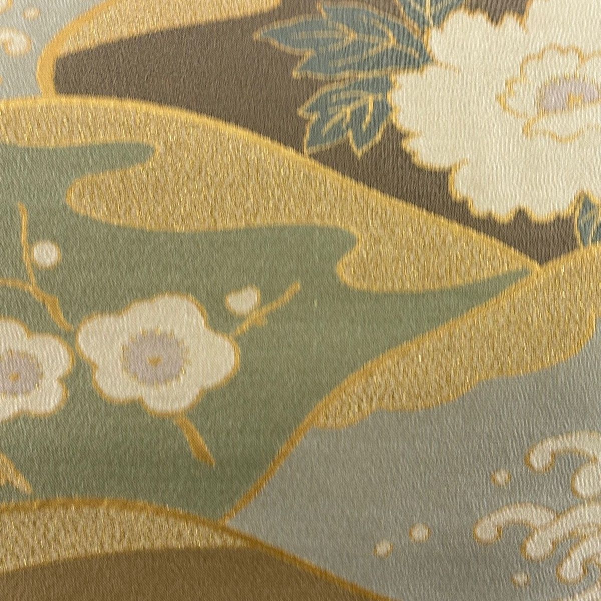 袋帯 秀品 梅 牡丹 金糸 箔 灰緑 六通 正絹