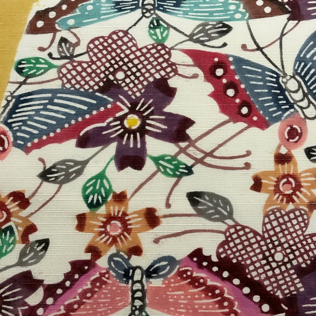 名古屋帯 秀品 紬地 草花 蝶 山吹色 正絹