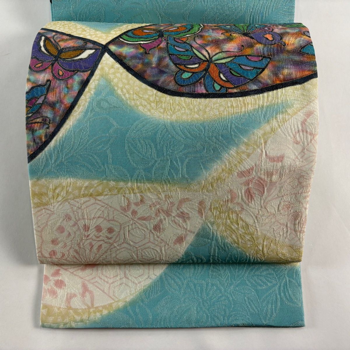 美品】 袋帯 秀品 蝶 有職文様 箔 金彩 水色 お太鼓柄 正絹 【】