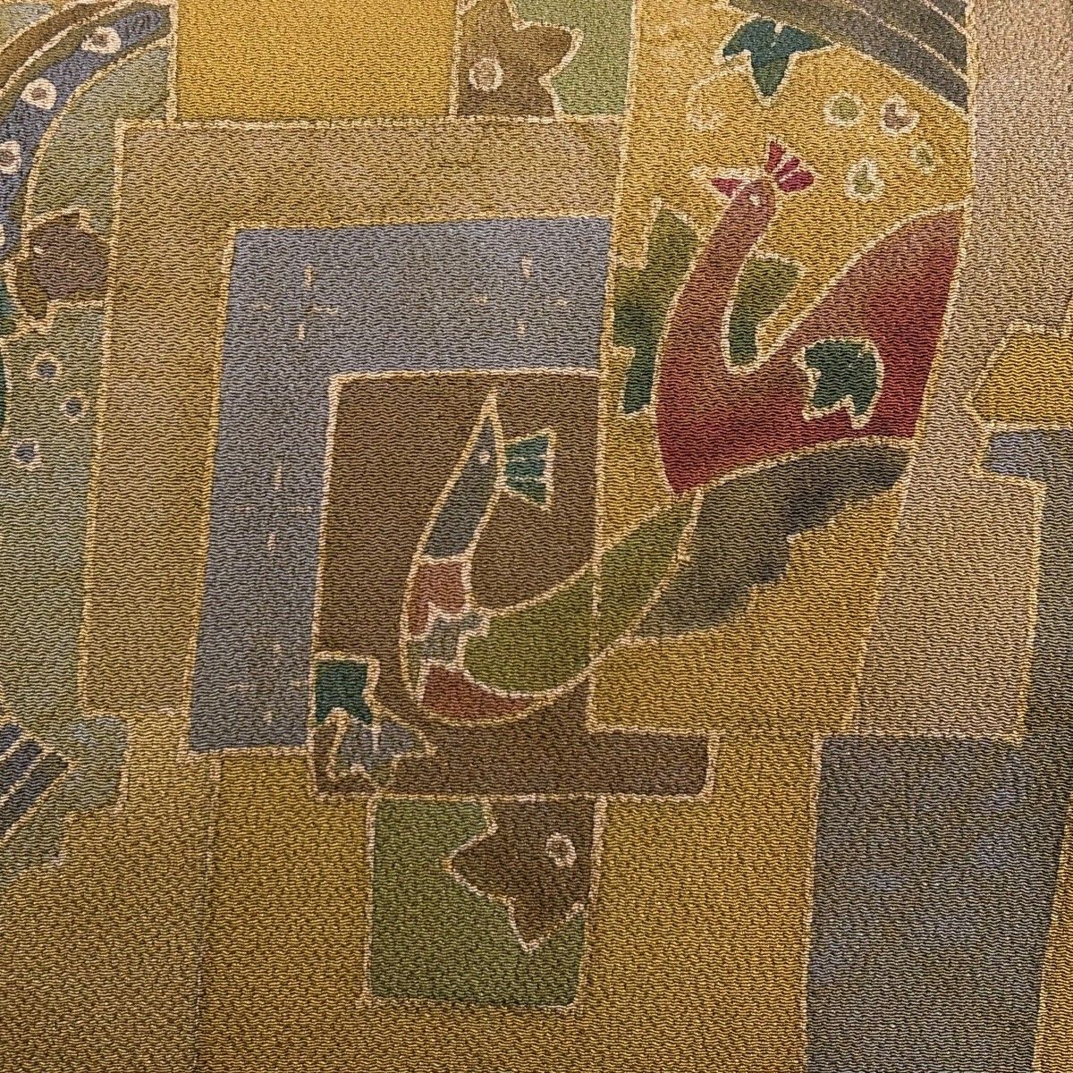 名古屋帯 秀品 落款 鳥 花 縮緬 黄土色 正絹