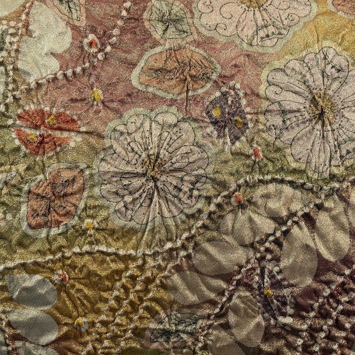 袋帯 秀品 落款 辻が花 金糸 箔 えんじ色 お太鼓柄 正絹