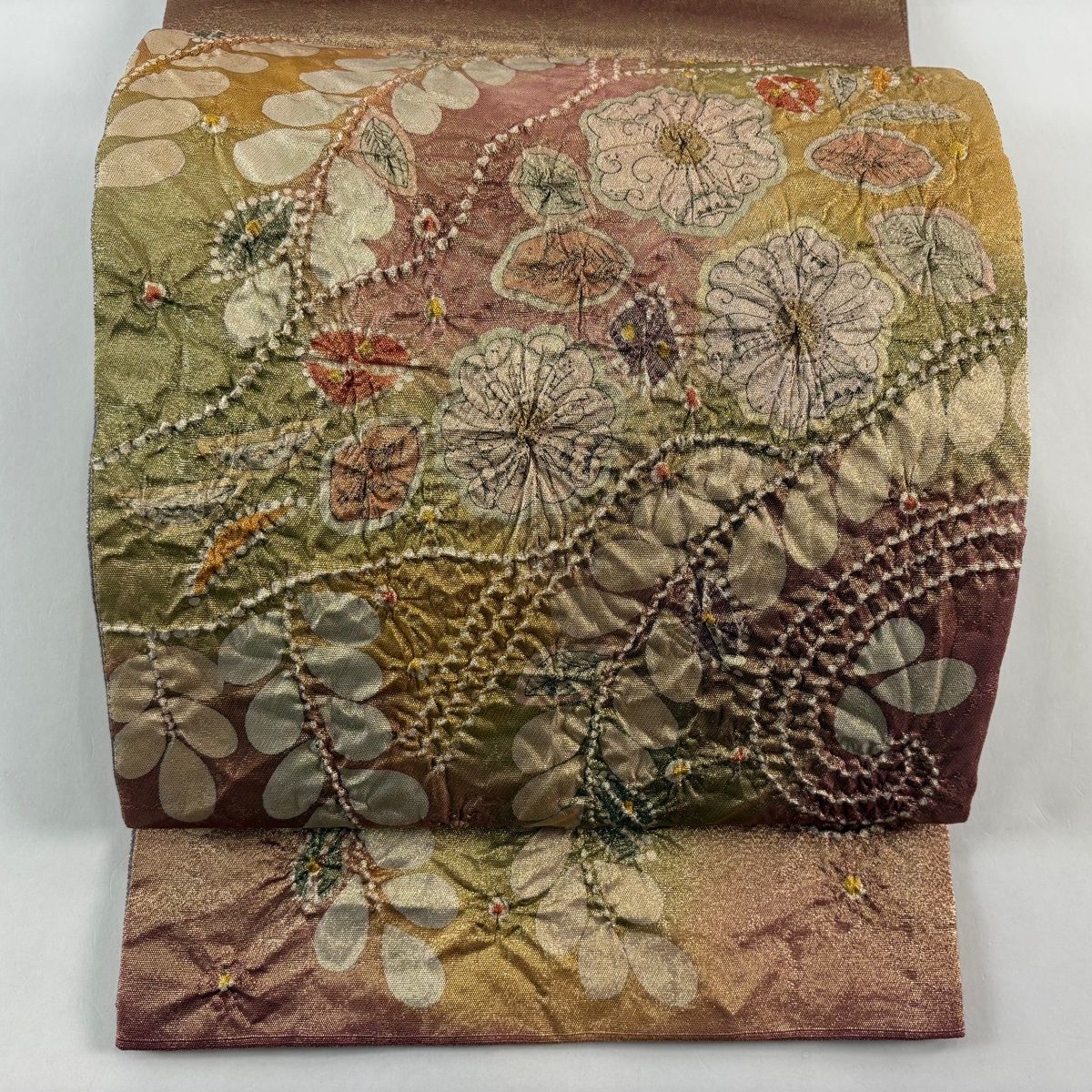 袋帯 秀品 落款 辻が花 金糸 箔 えんじ色 お太鼓柄 正絹