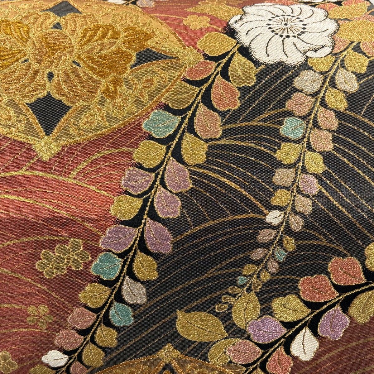 袋帯 秀品 関西仕立て 草花 七宝 金糸 箔 黒灰 六通 正絹