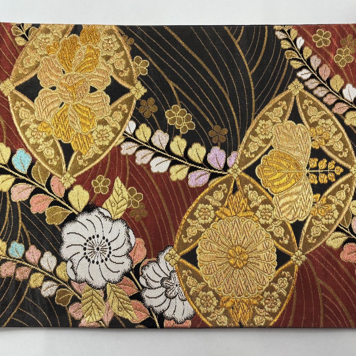  袋帯 秀品 関西仕立て 草花 七宝 金糸 箔 黒灰 六通 正絹 袋帯 帯