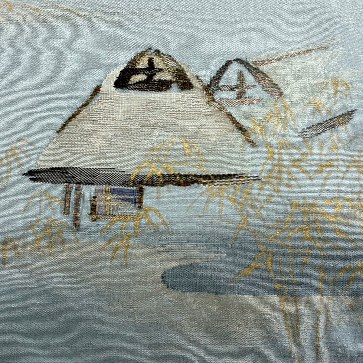 袋帯 秀品 家屋 笹 金銀糸 金彩 水色 お太鼓柄 正絹