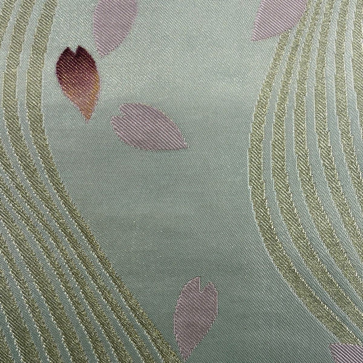 袋帯 秀品 花びら よろけ縞 金糸 金彩 灰色 全通 正絹