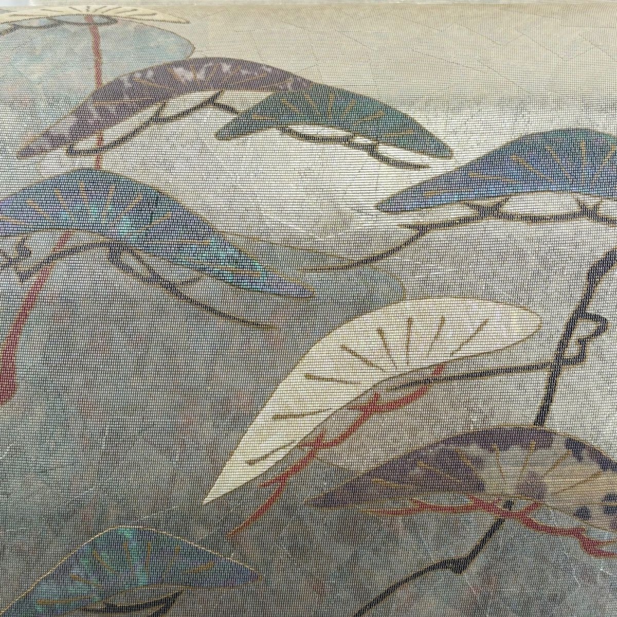 袋帯 秀品 関西仕立て 松 霞 螺鈿箔 箔 灰緑 お太鼓柄 正絹