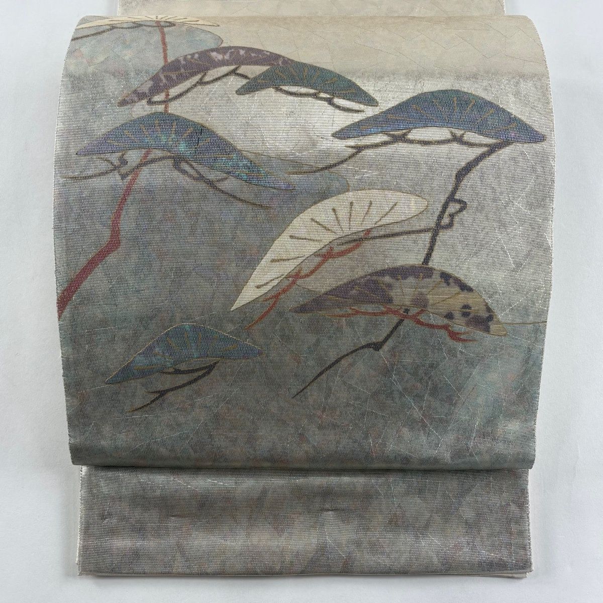 袋帯 秀品 関西仕立て 松 霞 螺鈿箔 箔 灰緑 お太鼓柄 正絹