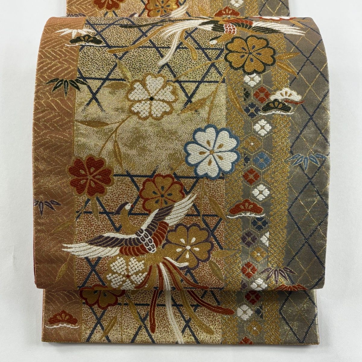 美品】 袋帯 秀品 尾長鳥 桜 刺繍 金糸 金色 六通 正絹 【中古