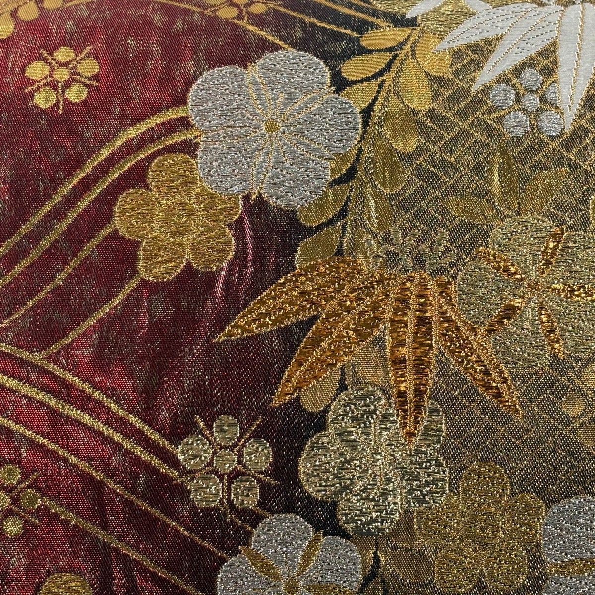 袋帯 秀品 梅 笹 金銀糸 箔 赤茶 六通 正絹