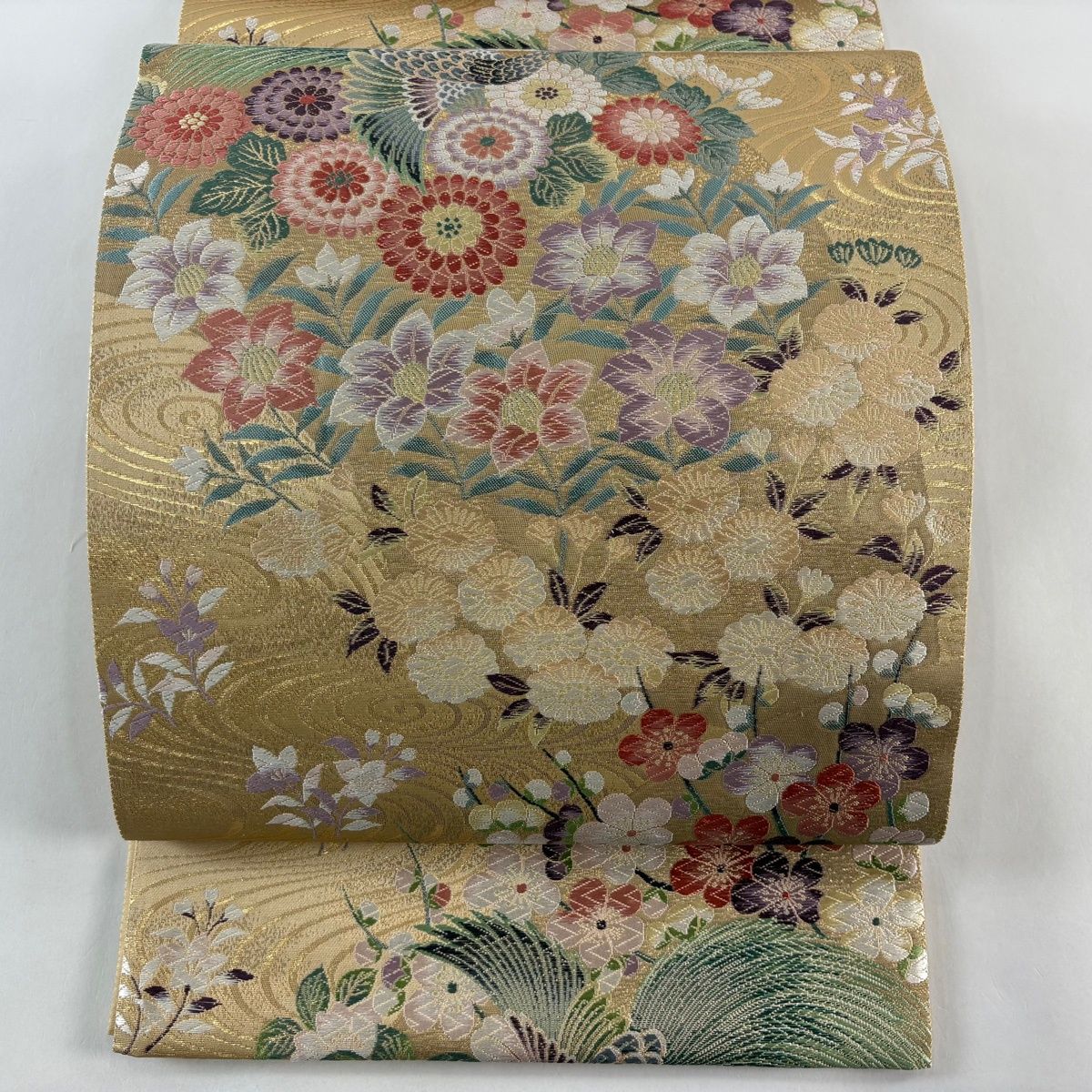 袋帯 秀品 証紙 瑞鳳華 花鳥 唐織 箔 山吹茶色 六通 正絹