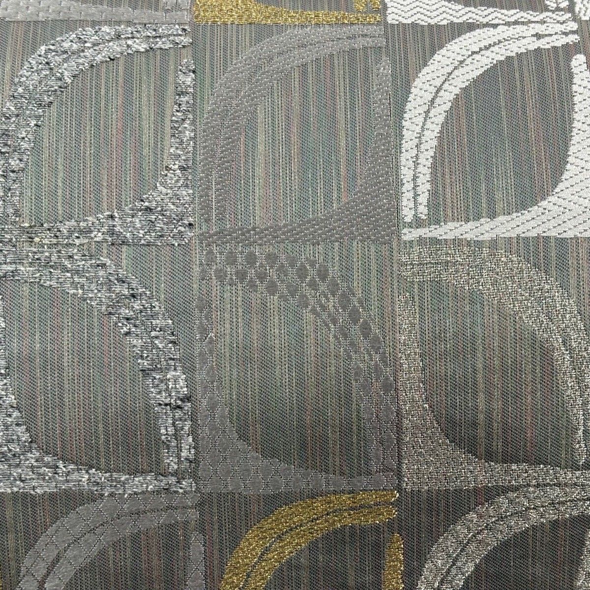 袋帯 秀品 幾何学 縞 箔 金銀糸 灰色 六通 正絹
