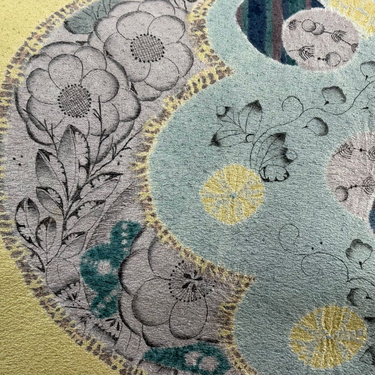 名古屋帯 秀品 落款 草花 市松 からし色 正絹