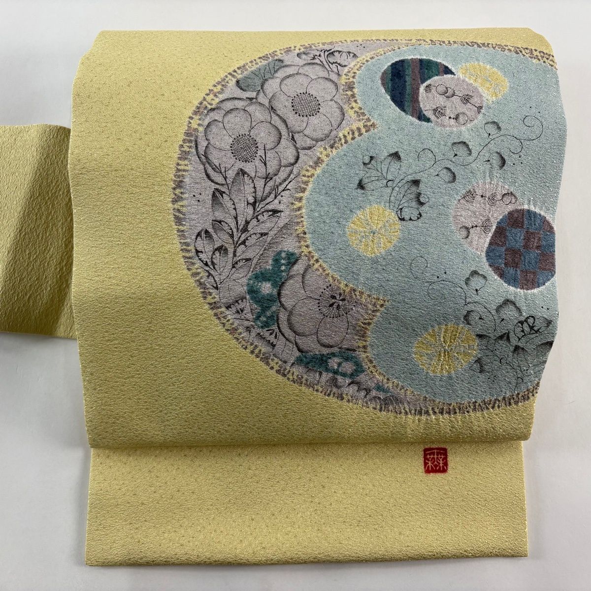 名古屋帯 秀品 落款 草花 市松 からし色 正絹