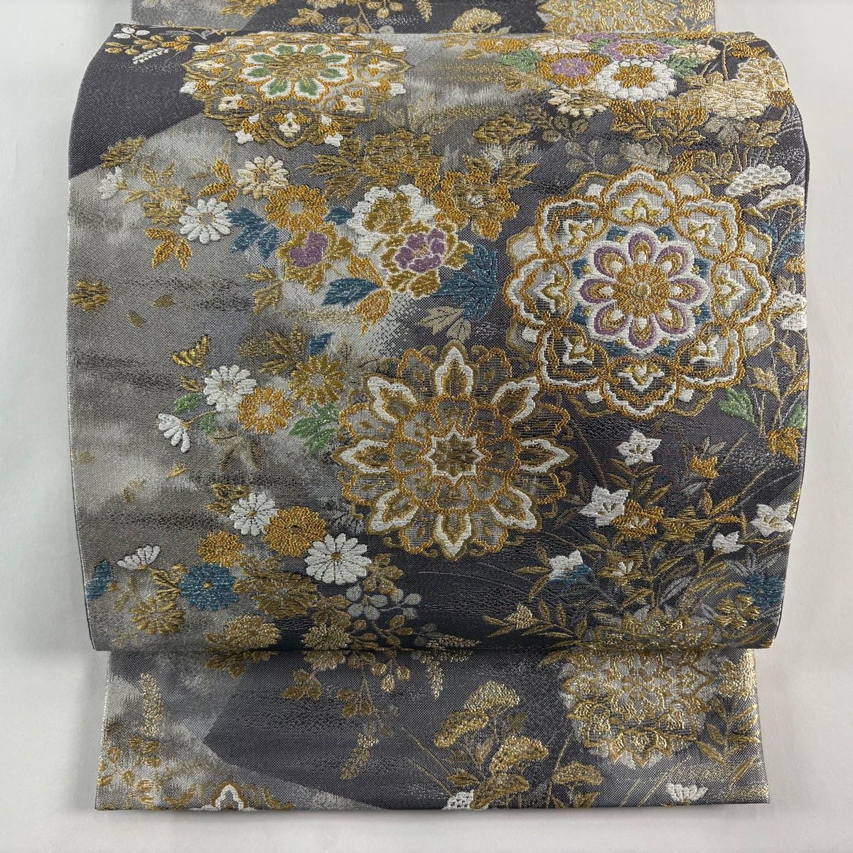 袋帯 秀品 華文 草花 金銀糸 箔 灰紫 六通 正絹