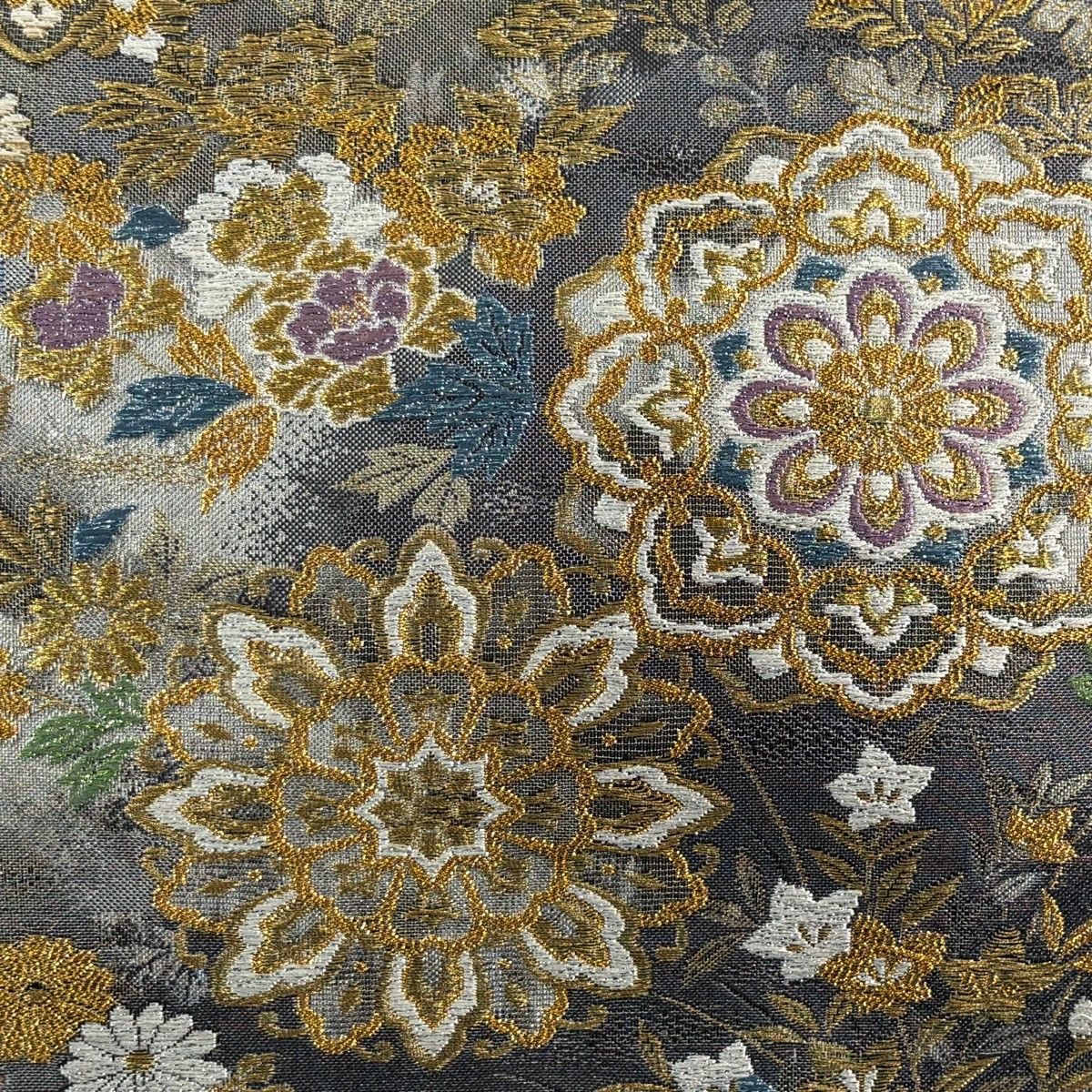 袋帯 秀品 華文 草花 金銀糸 箔 灰紫 六通 正絹