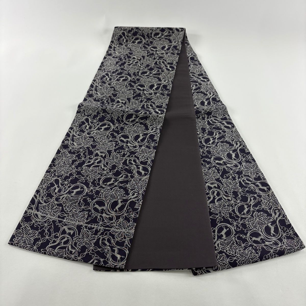  袋帯 秀品 人間国宝 南部芳松 落款 動物 瓢箪 箔 濃紫 全通 正絹 袋帯 帯