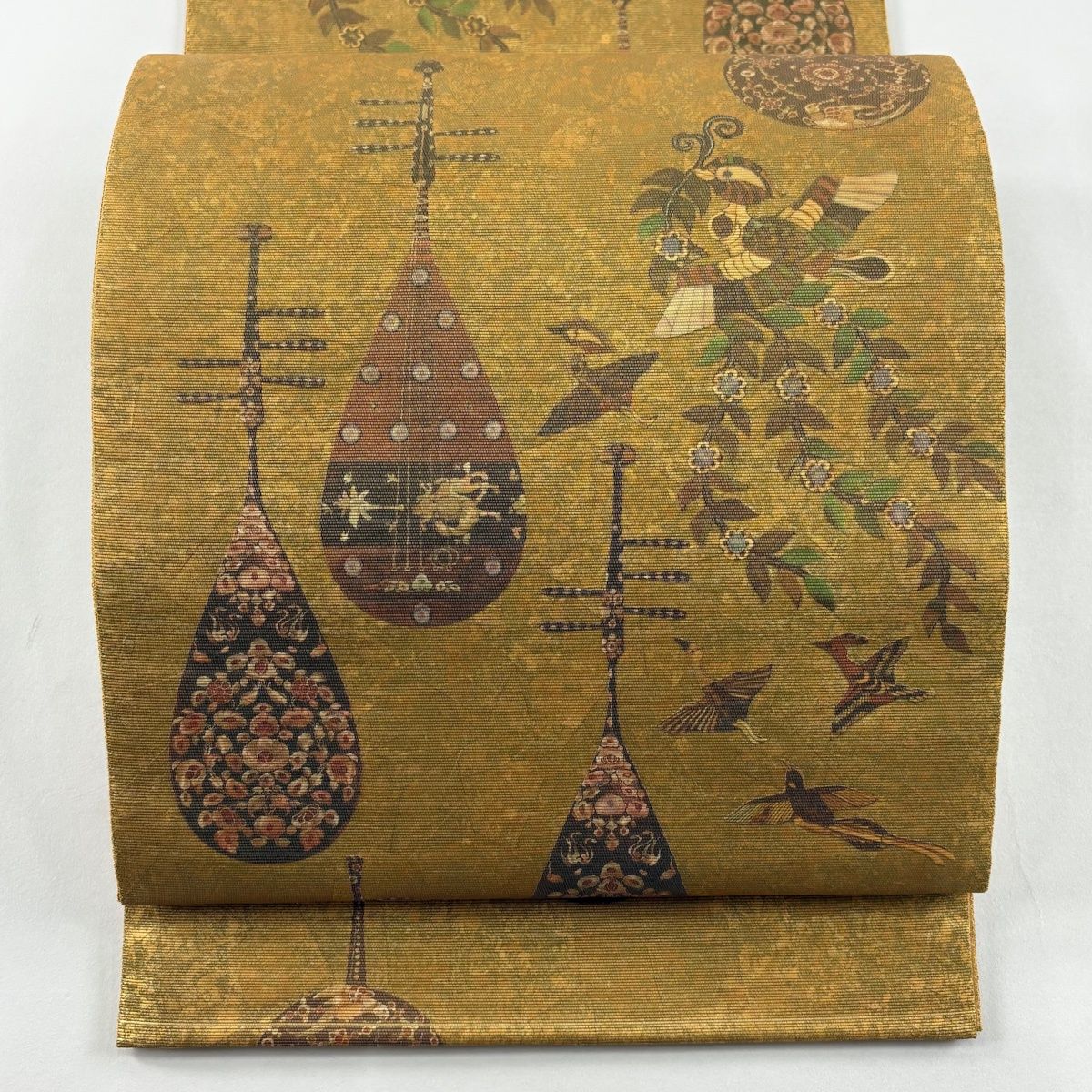 袋帯 秀品 琵琶 花喰い鳥 箔 黄土色 お太鼓柄 正絹