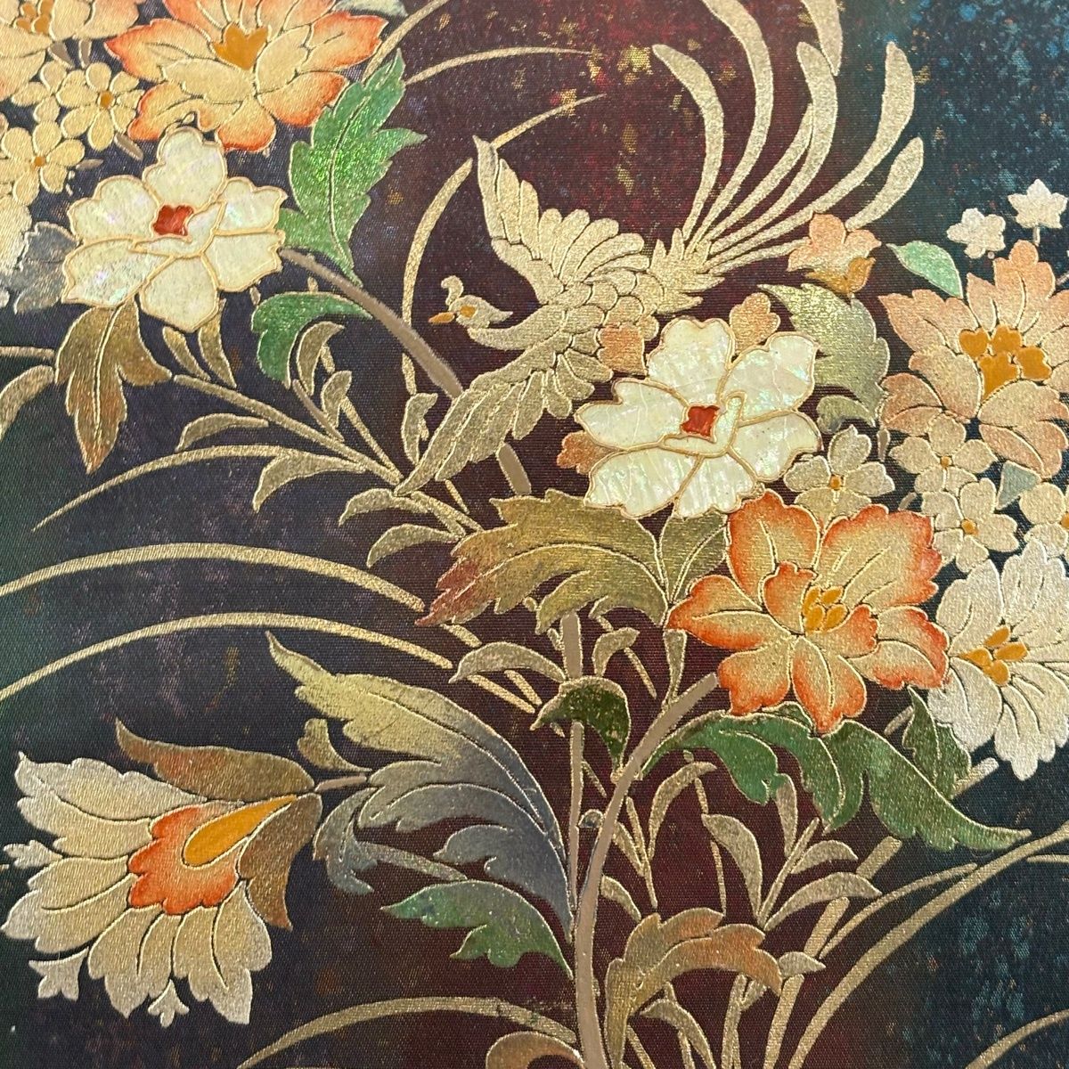 名古屋帯 秀品 草花 鳳凰 箔 螺鈿 赤黒 正絹