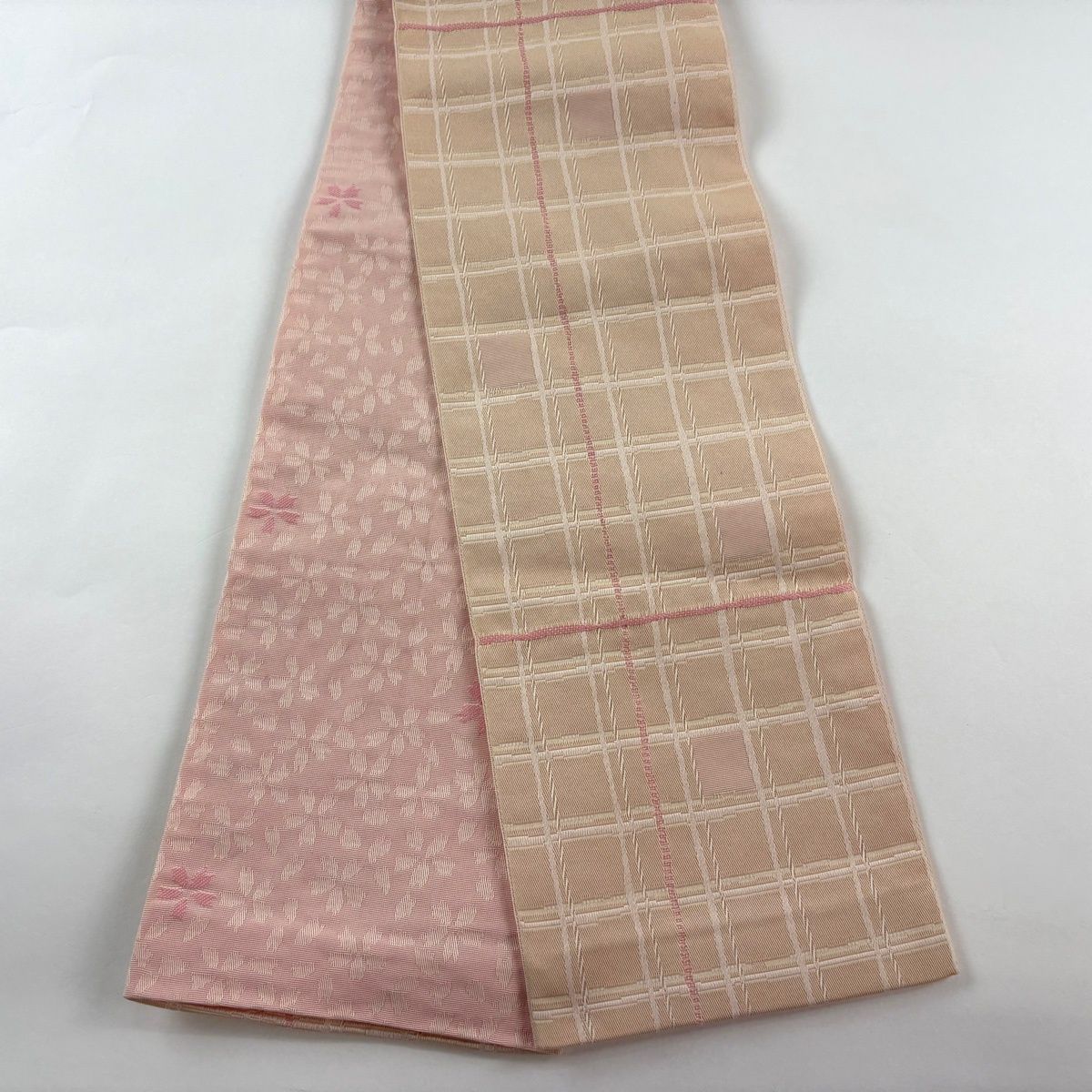 半幅帯 優品 格子 ピンクベージュ 化繊