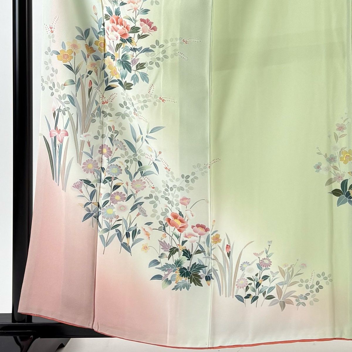 訪問着 身丈160cm 裄丈64cm M 袷 袋帯セット 落款 草花 ぼかし 薄緑