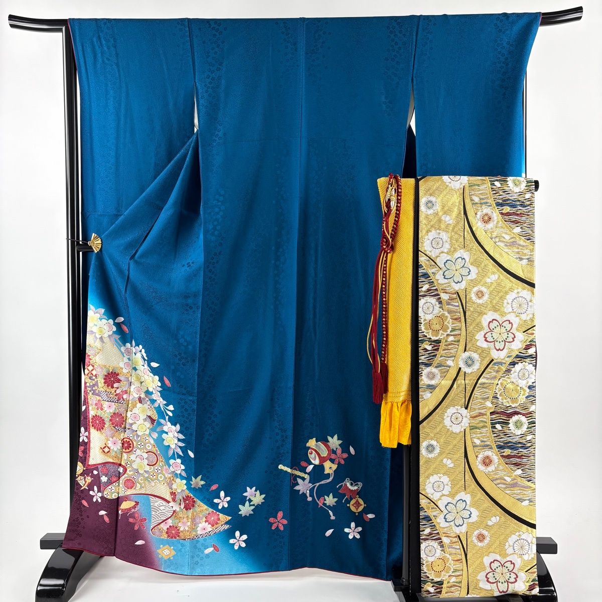 美品】 振袖 身丈166cm 裄丈67.5cm L 袷 袋帯フルセット 桜 宝尽くし