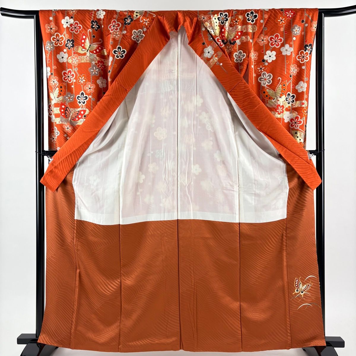 美品】 振袖 身丈164cm 裄丈64.5cm M 袷 袋帯フルセット 蝶 梅 金銀彩