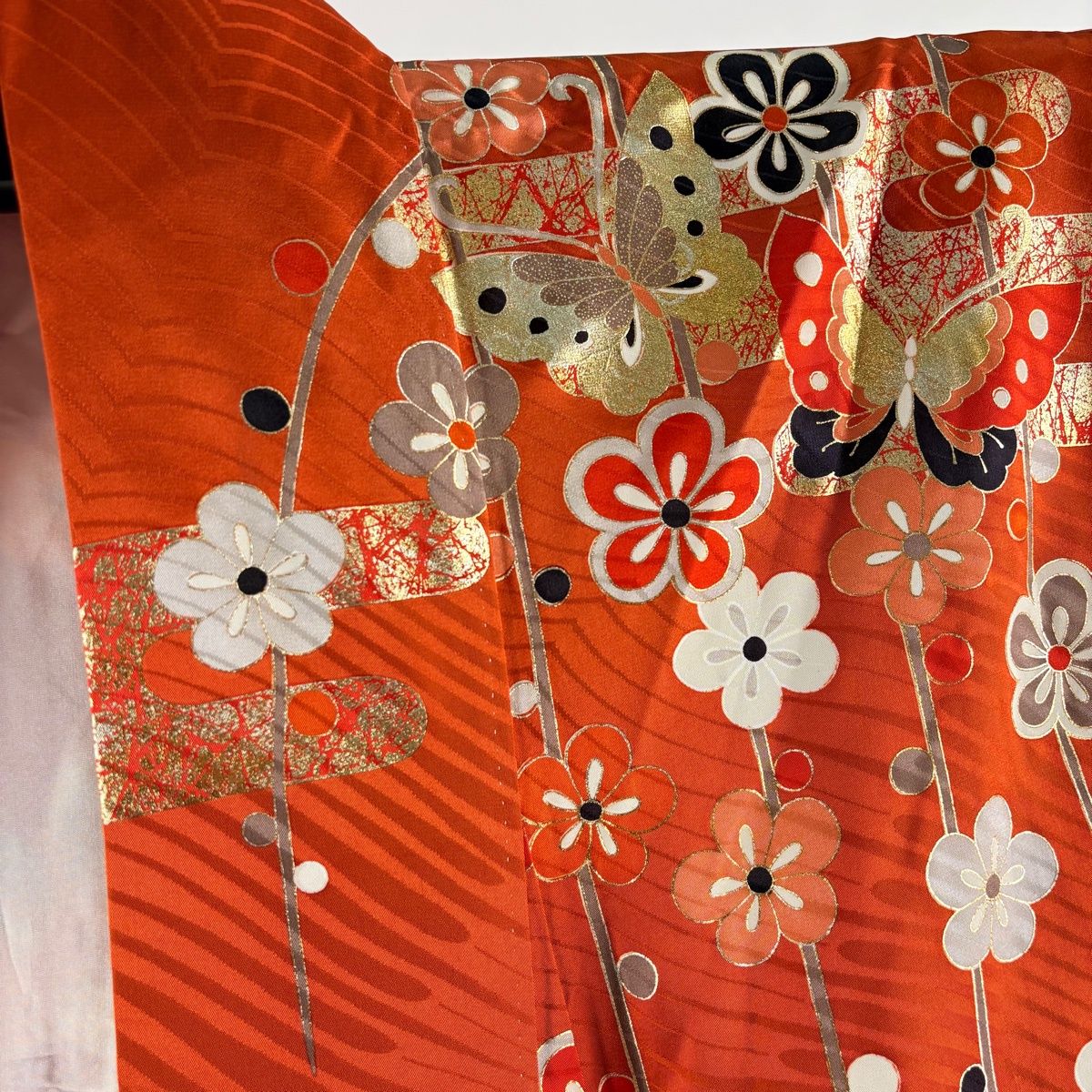 美品】 振袖 身丈164cm 裄丈64.5cm M 袷 袋帯フルセット 蝶 梅 金銀彩