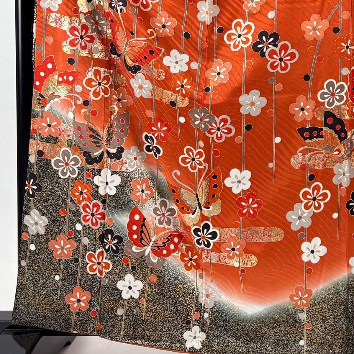 美品】 振袖 身丈164cm 裄丈64.5cm M 袷 袋帯フルセット 蝶 梅 金銀彩