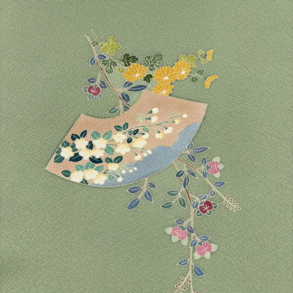 反物 秀品 付下げ 扇面 草花 薄緑 正絹